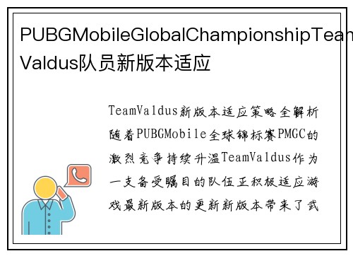 PUBGMobileGlobalChampionshipTeamValdus队员新版本适应